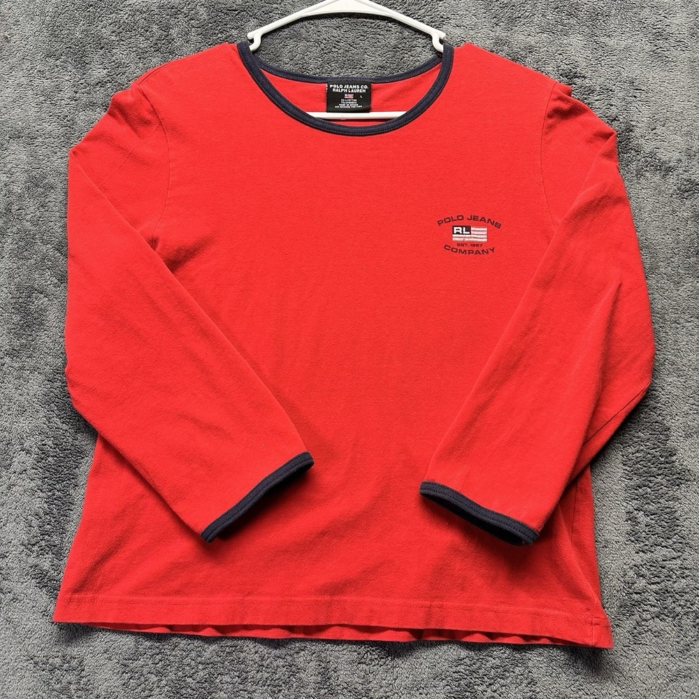 Polo Jeans Co Ralph Lauren Shirt Womens Large Red Cotton Spandex Ringer Cropped